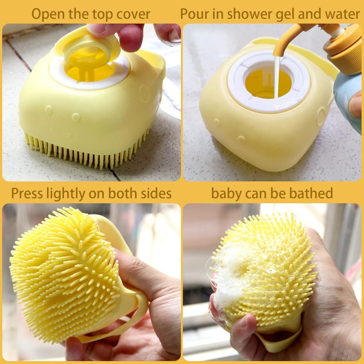 Pet Bath Brush with Integrated Shampoo Dispenser - Dog Bathing Scrubber (Yellow)