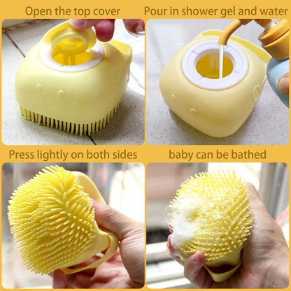 Pet Bath Brush with Integrated Shampoo Dispenser - Dog Bathing Scrubber (Yellow)