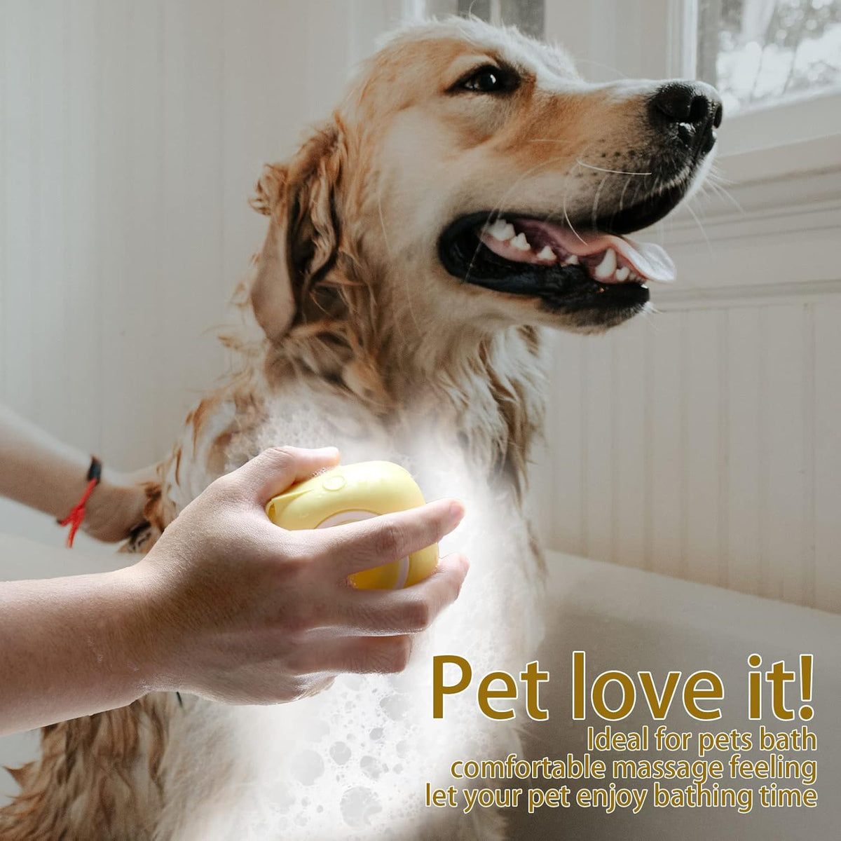 Pet Bath Brush with Integrated Shampoo Dispenser - Dog Bathing Scrubber (Yellow)