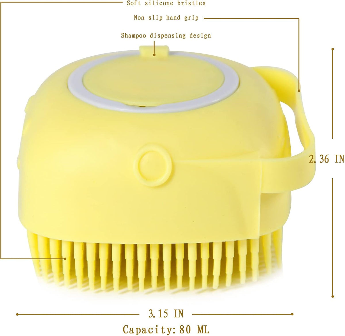 Pet Bath Brush with Integrated Shampoo Dispenser - Dog Bathing Scrubber (Yellow)