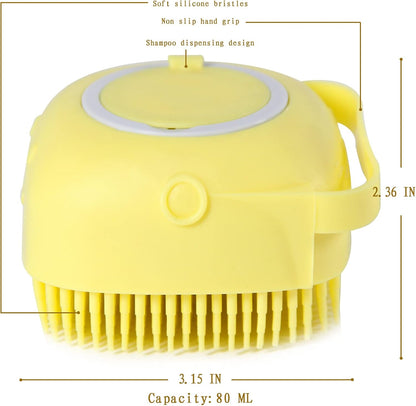 Pet Bath Brush with Integrated Shampoo Dispenser - Dog Bathing Scrubber (Yellow)