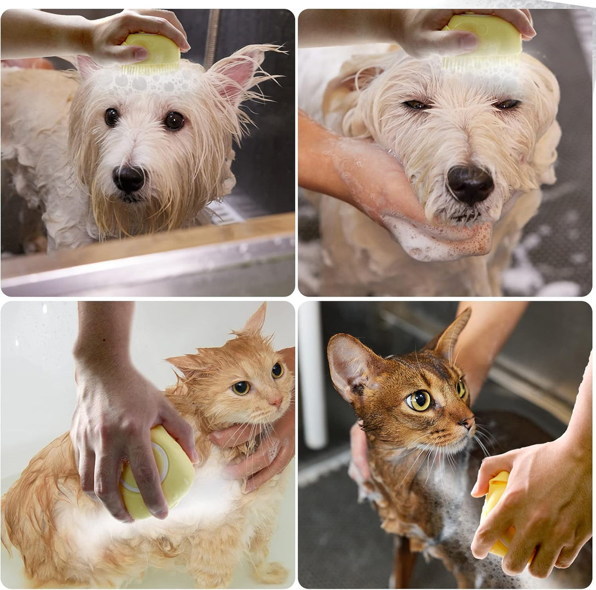 Pet Bath Brush with Integrated Shampoo Dispenser - Dog Bathing Scrubber (Yellow)