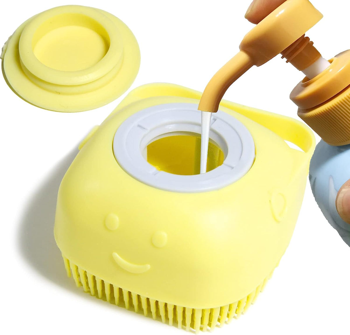 Pet Bath Brush with Integrated Shampoo Dispenser - Dog Bathing Scrubber (Yellow)