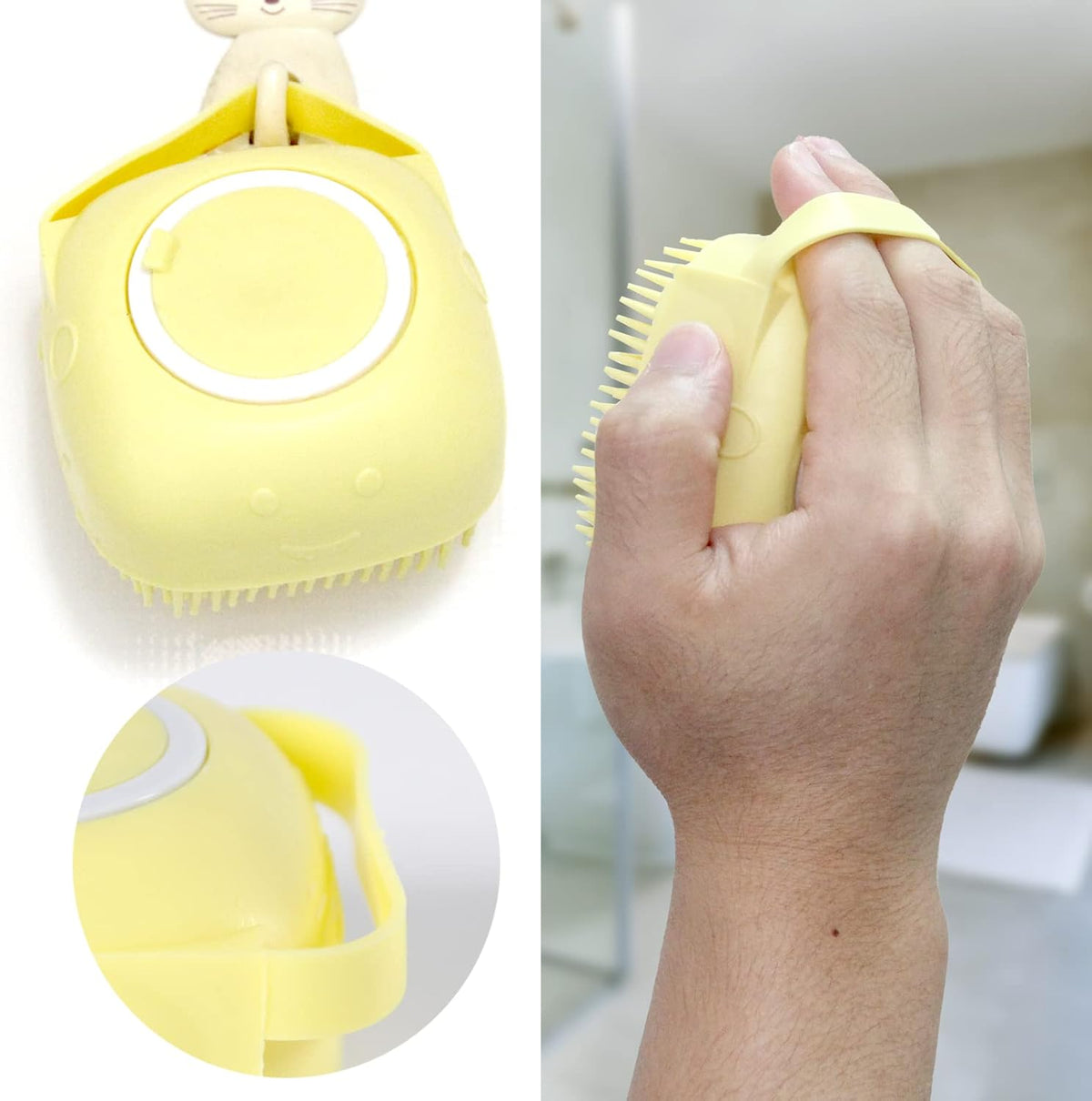 Pet Bath Brush with Integrated Shampoo Dispenser - Dog Bathing Scrubber (Yellow)